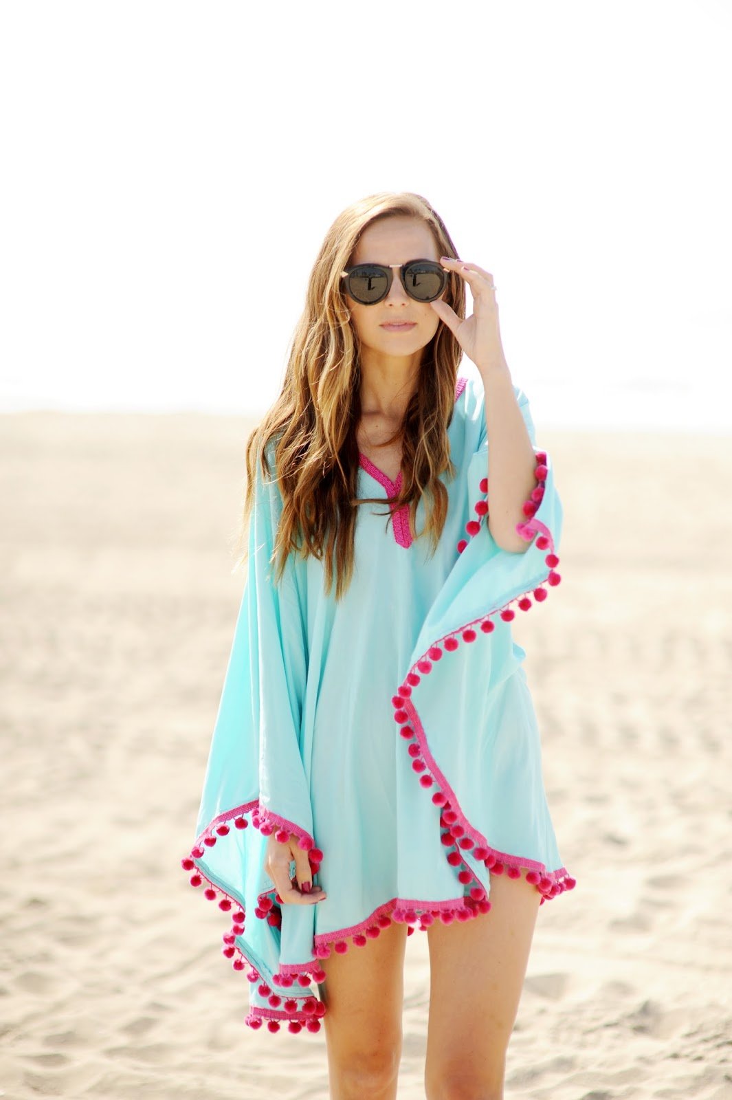 Adreamly Womens Pom Pom Trim Kaftan Chiffon Swimwear Beach Cover Up