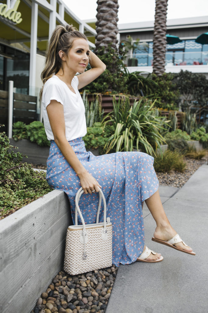 white tee and blue floral maxi skirt