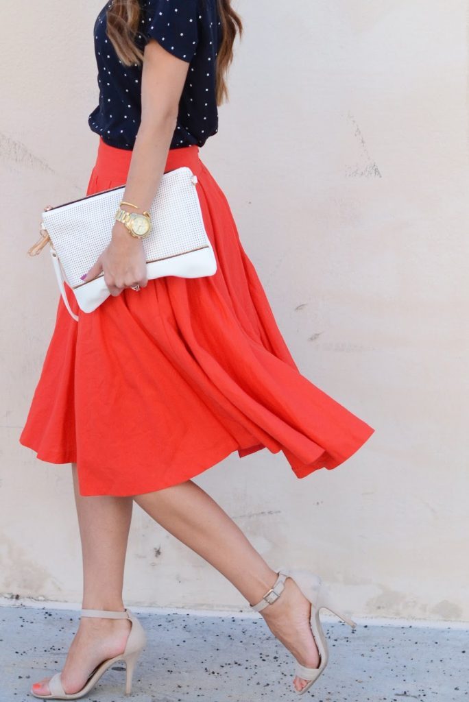 Merrick's Art | Red Midi Skirt and White Clutch