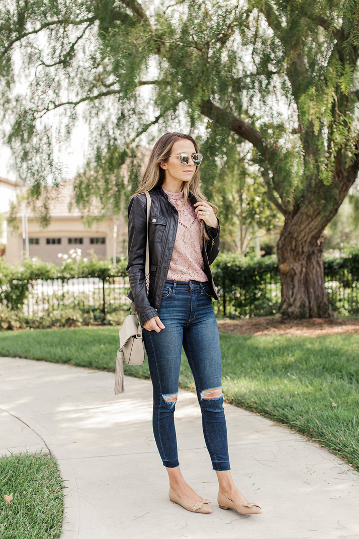 merricksart.com leather jacket lace blouse