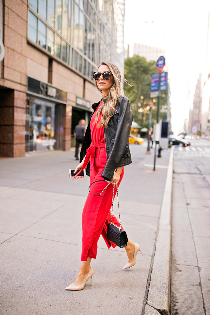 red jumpsuit with jacket