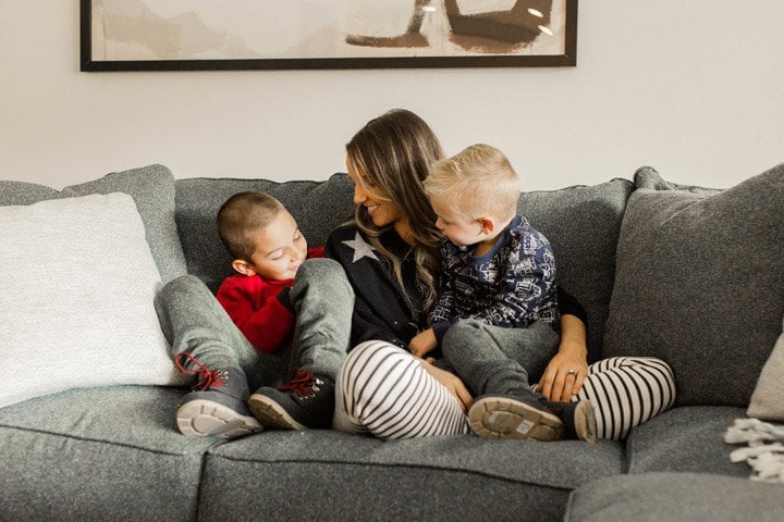 Snuggles on the couch in Gymboree's comfy clothes