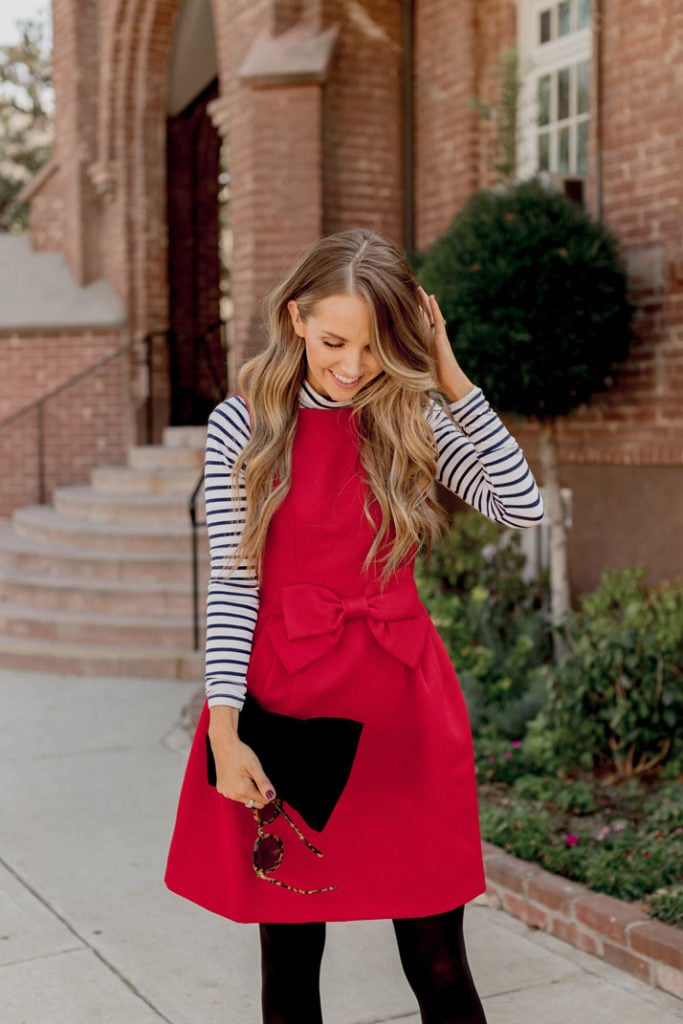 a bright red dress is a fun way to boost your holiday look!