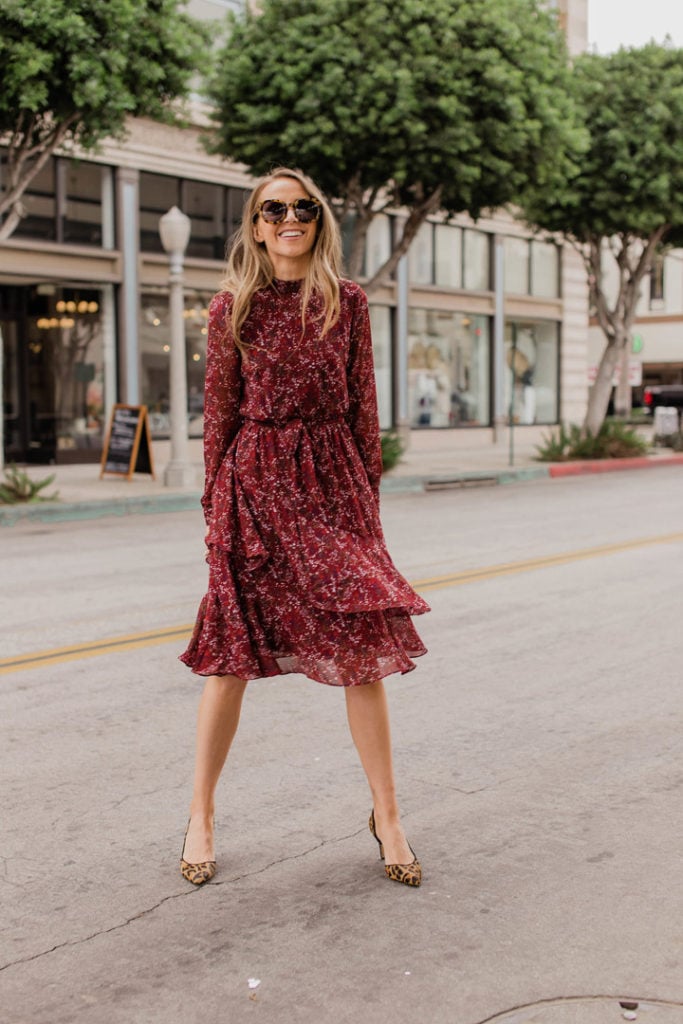 burgundy floral dress and leopard pumps what to wear to church