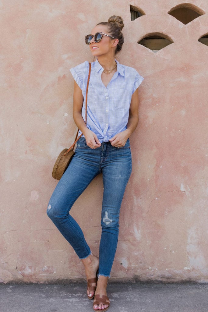 blue jeans with striped knotted tee