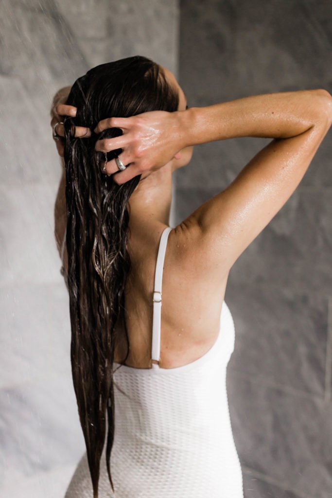 hair routine washing hair white bathing suit