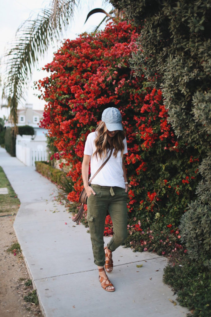 this olive pants and denim hat combo is easy and cute