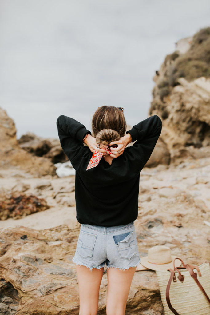 roll your hair into the bun-2-done, add a hair scarf, and your hair is beach ready