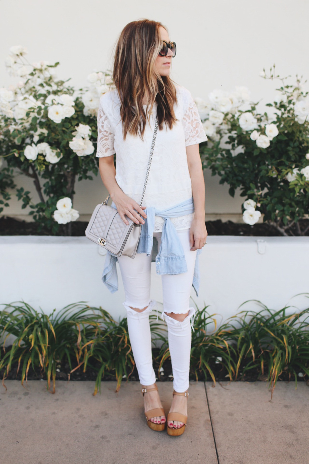 white jeans and lace top