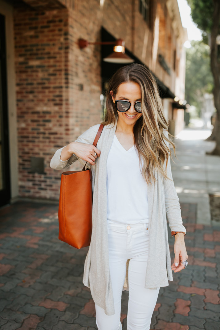 white jeans, white tee, oatmeal cardigan