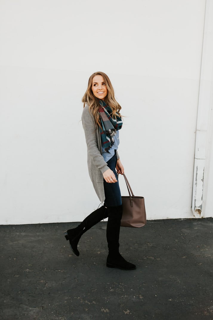 over the knee boots with scarf and cardigan