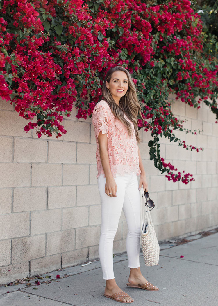 white jeans pink blouse