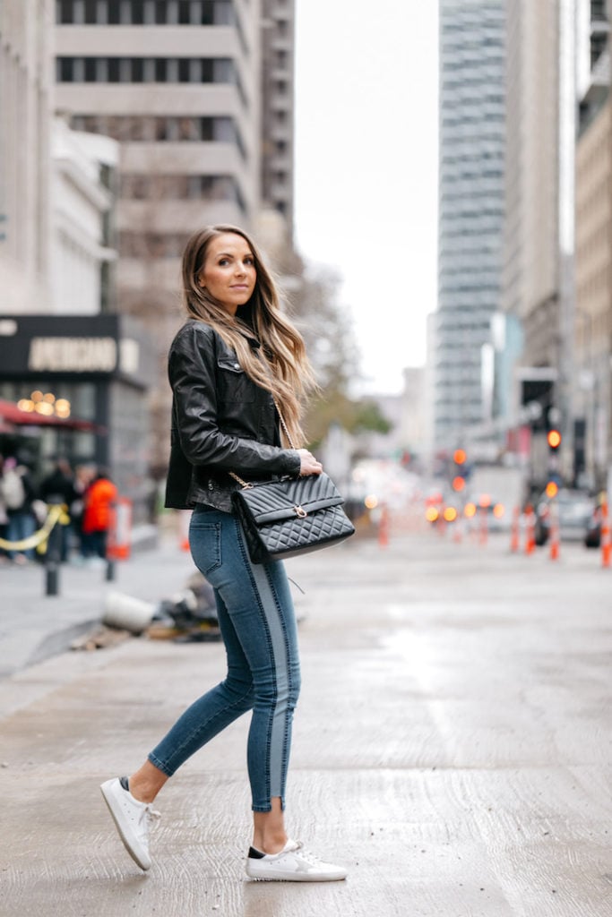 leather jacket and sporty side stripe jeans