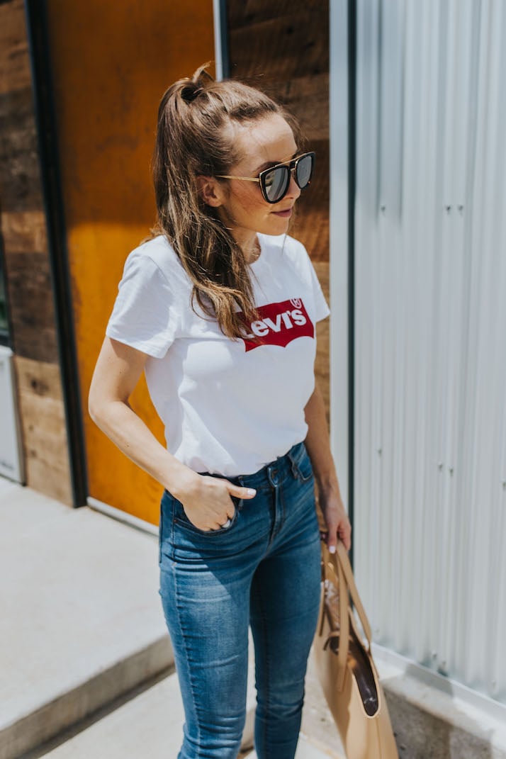 Stylish Summer Outfit with Floral Top and High Waisted Denim