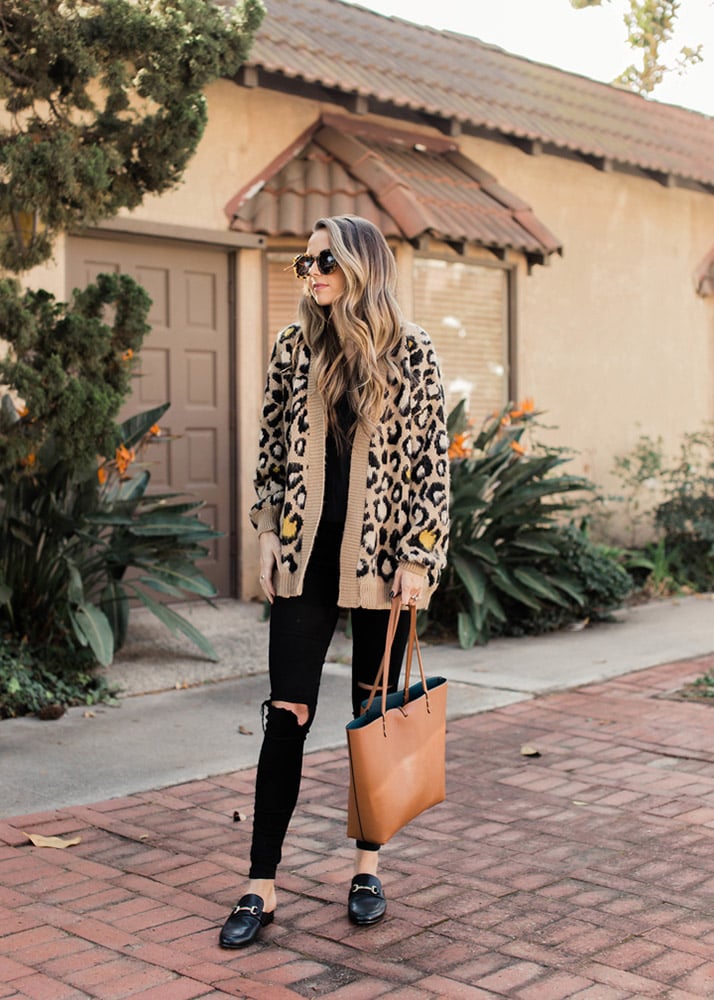 leopard cardigan and black jeans