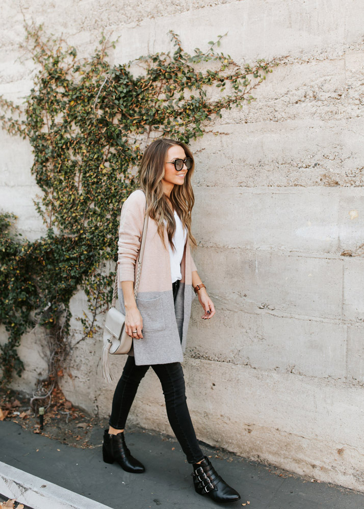 two toned cardigan and black jeans
