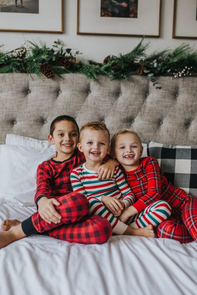 boys in christmas pajamas plaid and striped