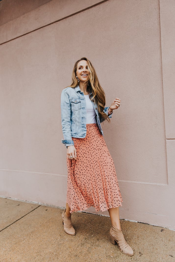 pleated pink skirt with denim jacket
