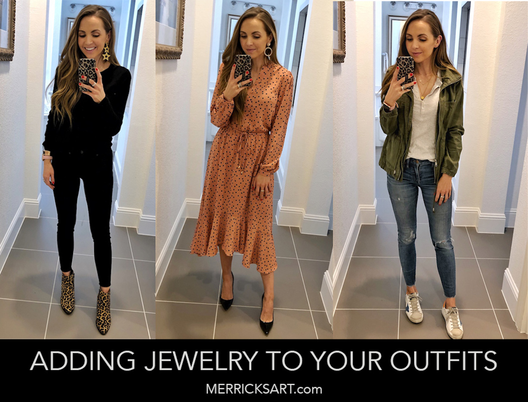 three outfits collage with jewelry