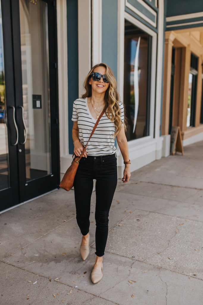 Striped v-neck tee and black jeans