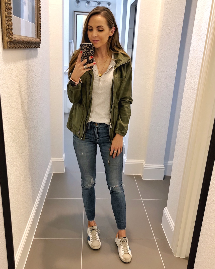 olive jacket with jeans