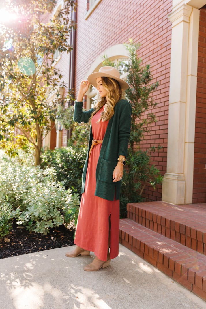 Rust maxi dress with green cardigan from amazon