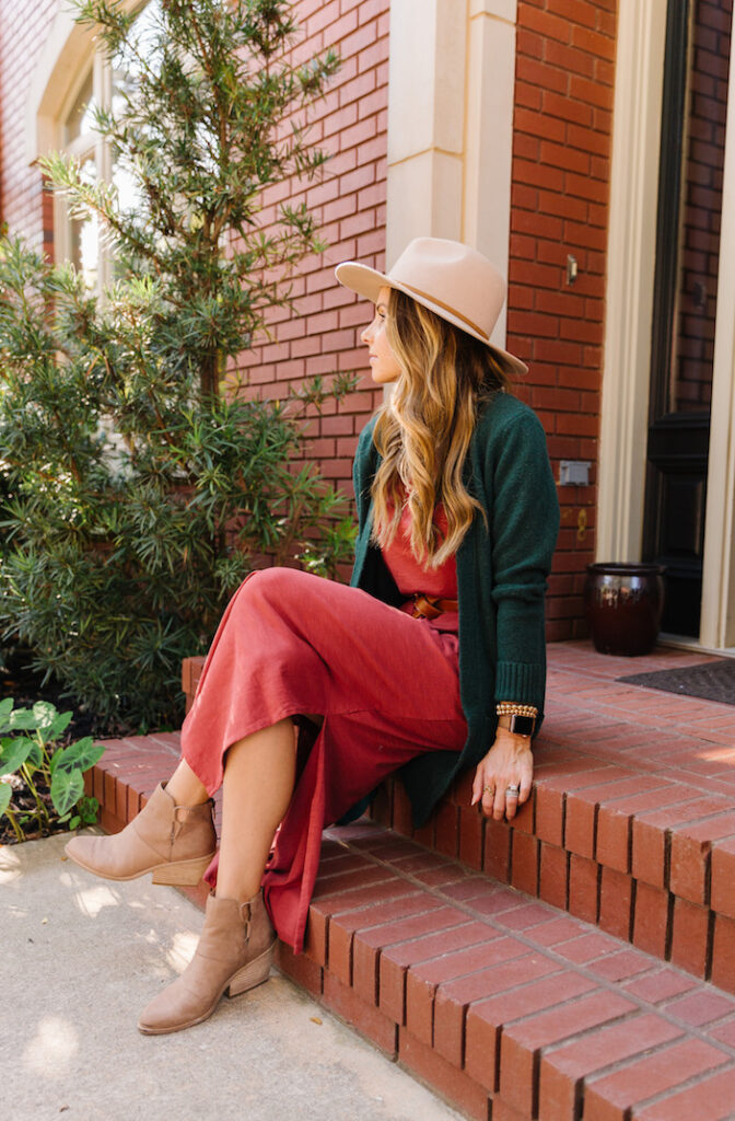 red dress with cardigan