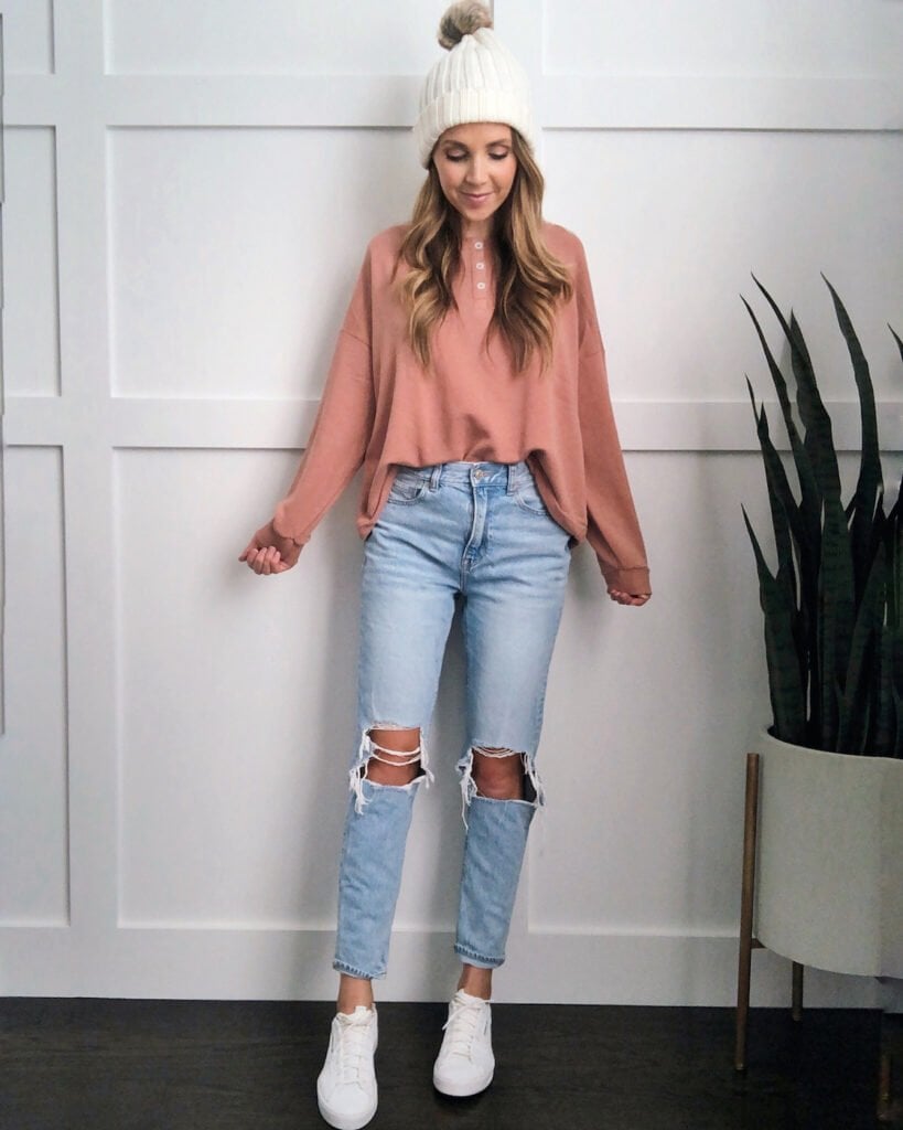 Henley sweatshirt and mom jeans