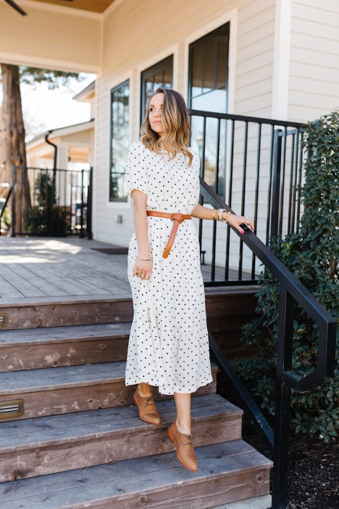 free assembly white tiered dress with black heart polka dots