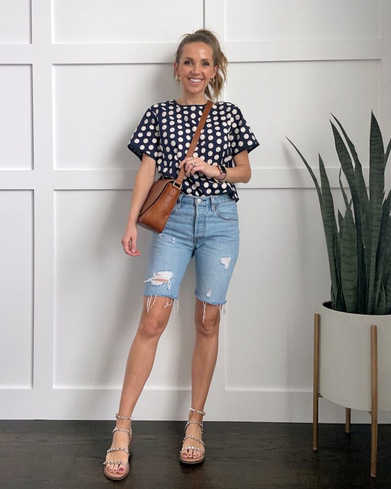 polka dot top with denim shorts