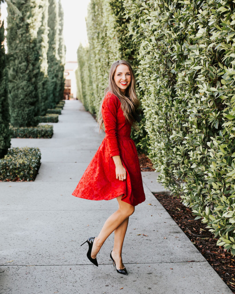 red dress with black heels