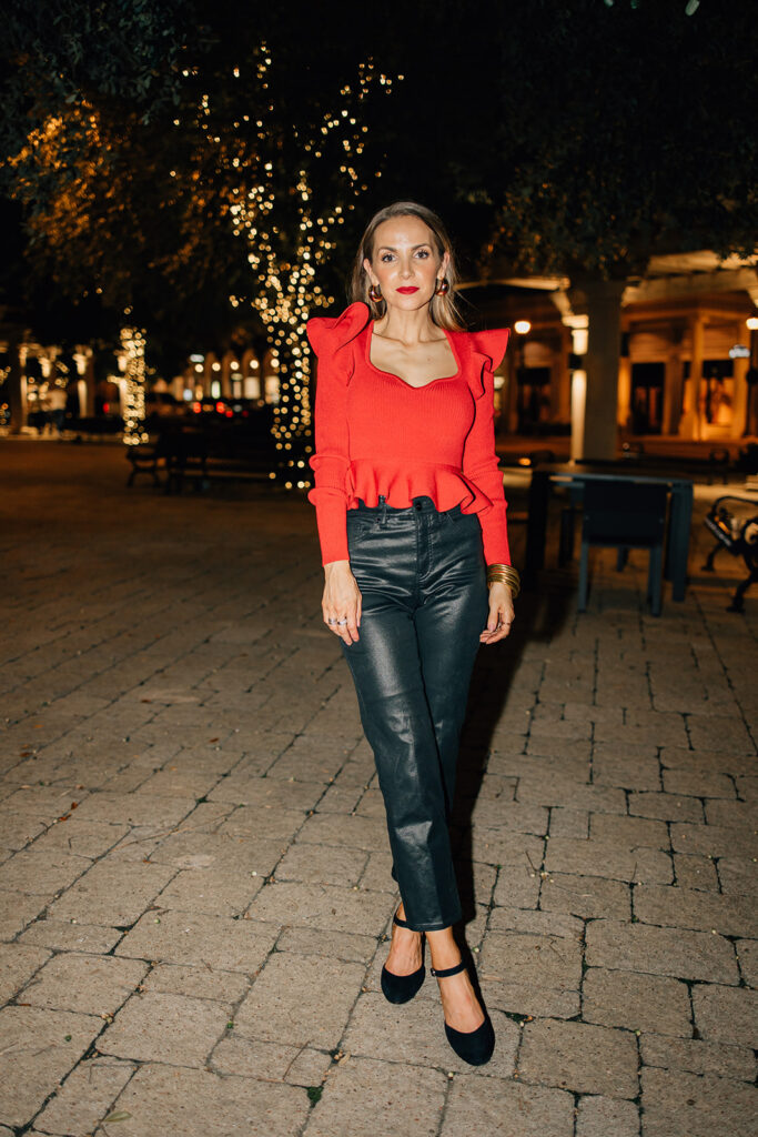 red top with express black jeans and sezane heels