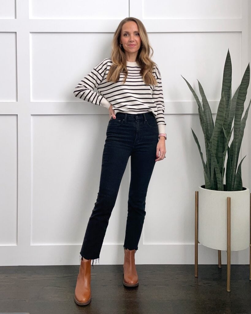black jeans striped sweater Chelsea boots