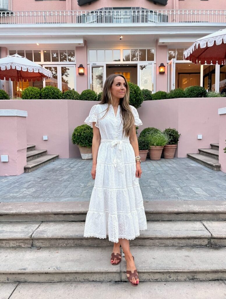 merrick white collection eyelet dress, hermes leather sandals