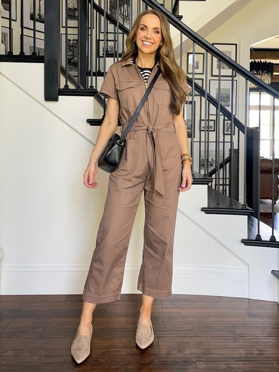 merricksart tan jumpsuit outfit with striped tee