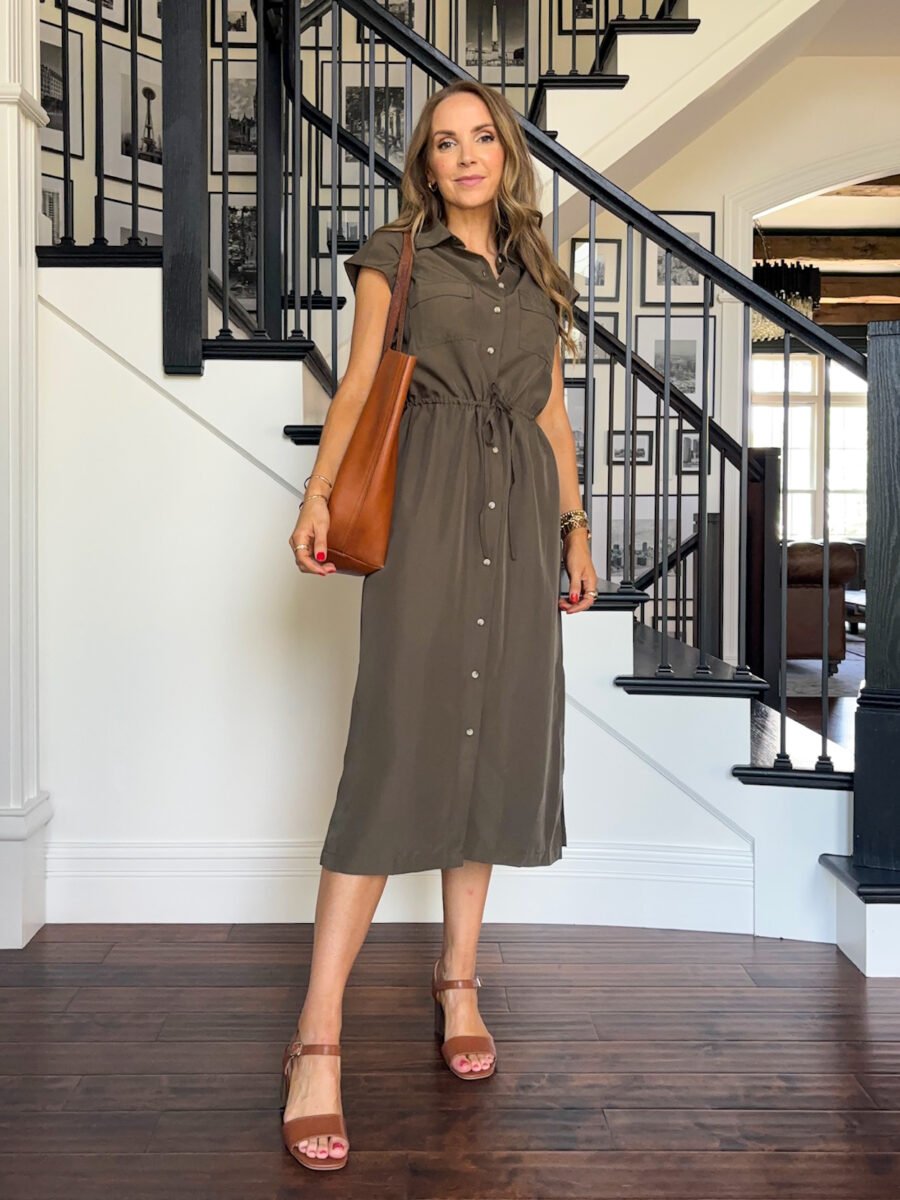 Teachers outfits, Old navy olive green dress, old navy block heels, madewell bag