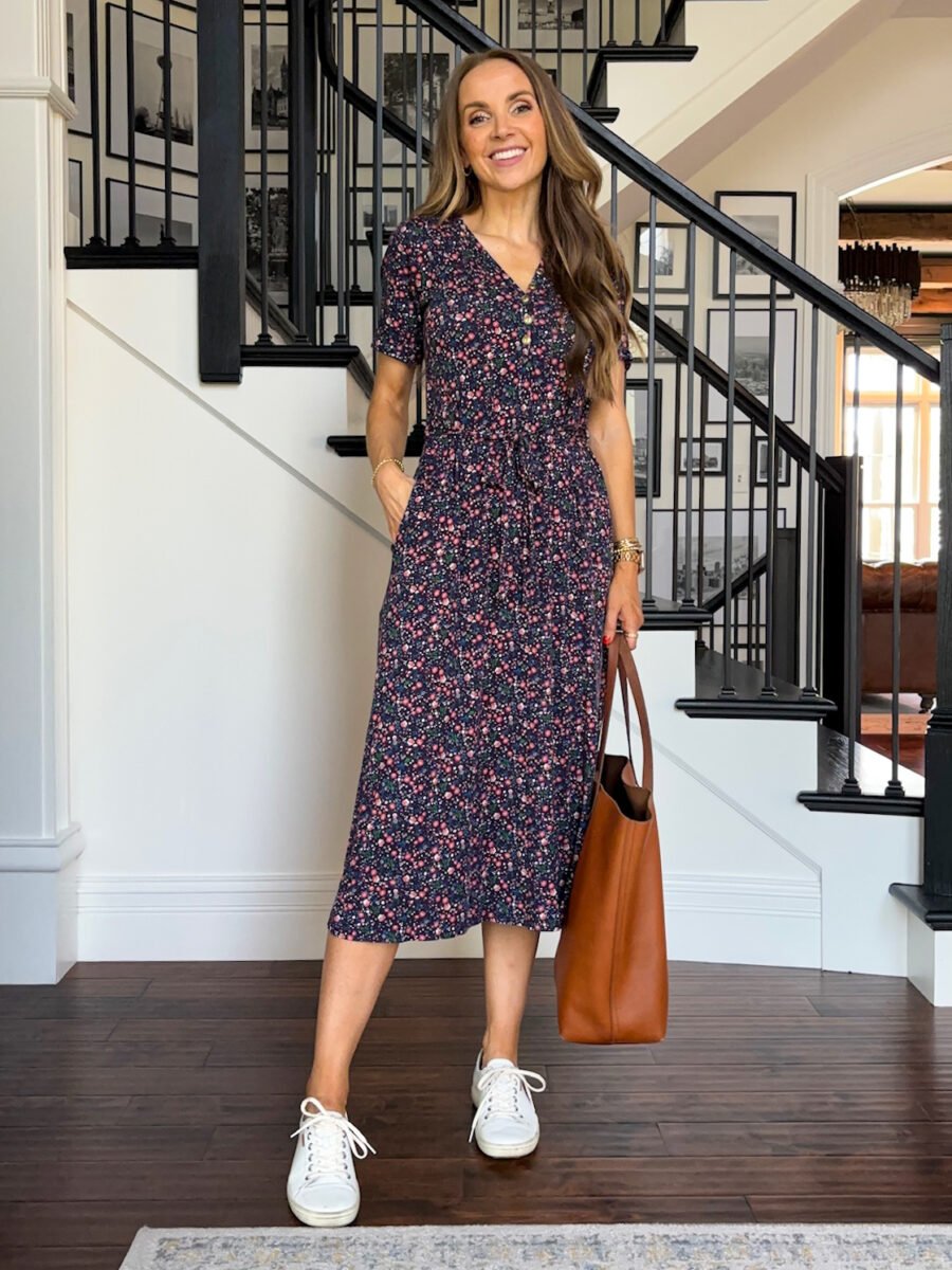 Teachers outfits, Merrick White collection floral dress, ecco sneakers, madewell tote bag
