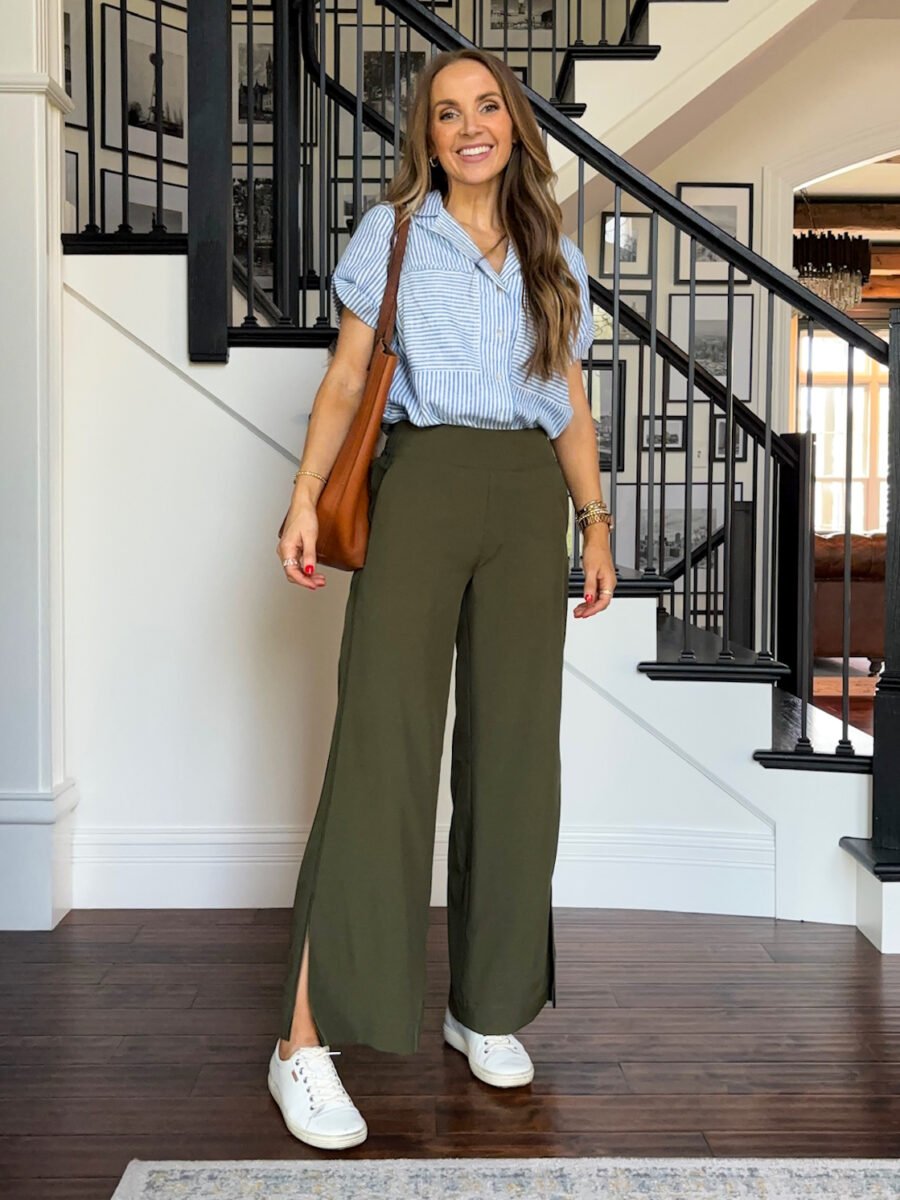 Teachers Outfits, Old Navy Green pants, Target button down stripe shirt, ecco sneakers, madewell tote bag