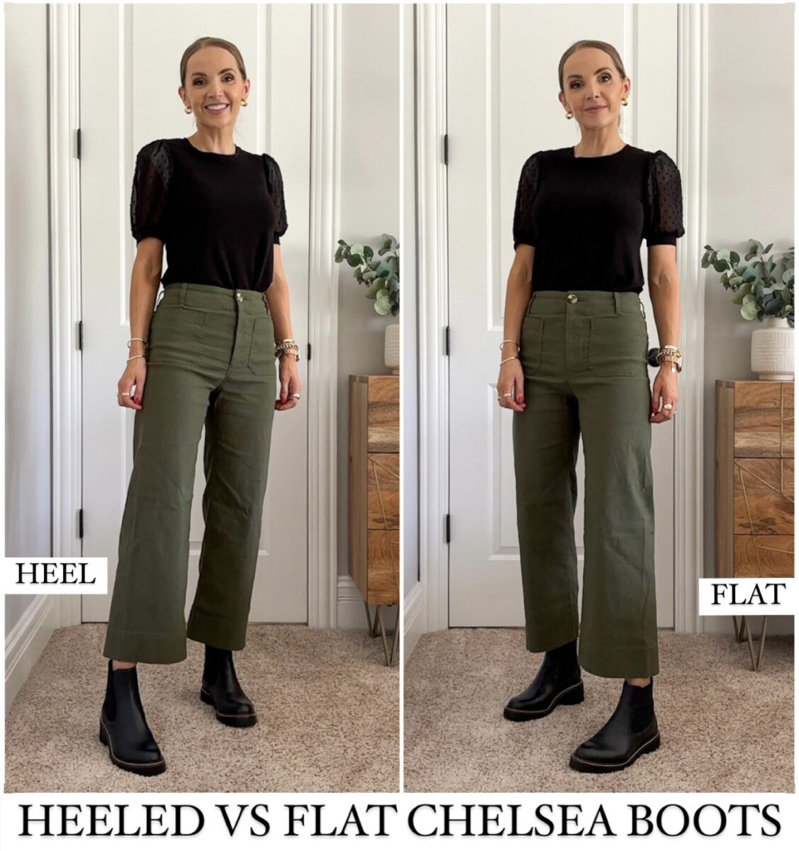 Anthropologie colette pants and black blouse, chelsea boots