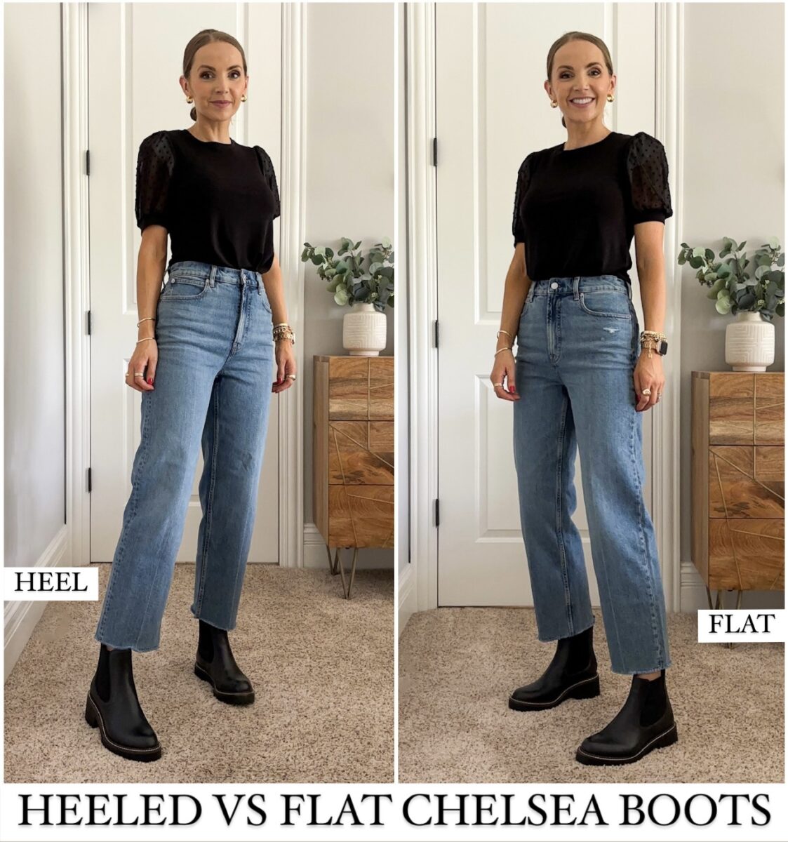 Chelsea boots, everlane way high straight leg jeans, anthro black blouse