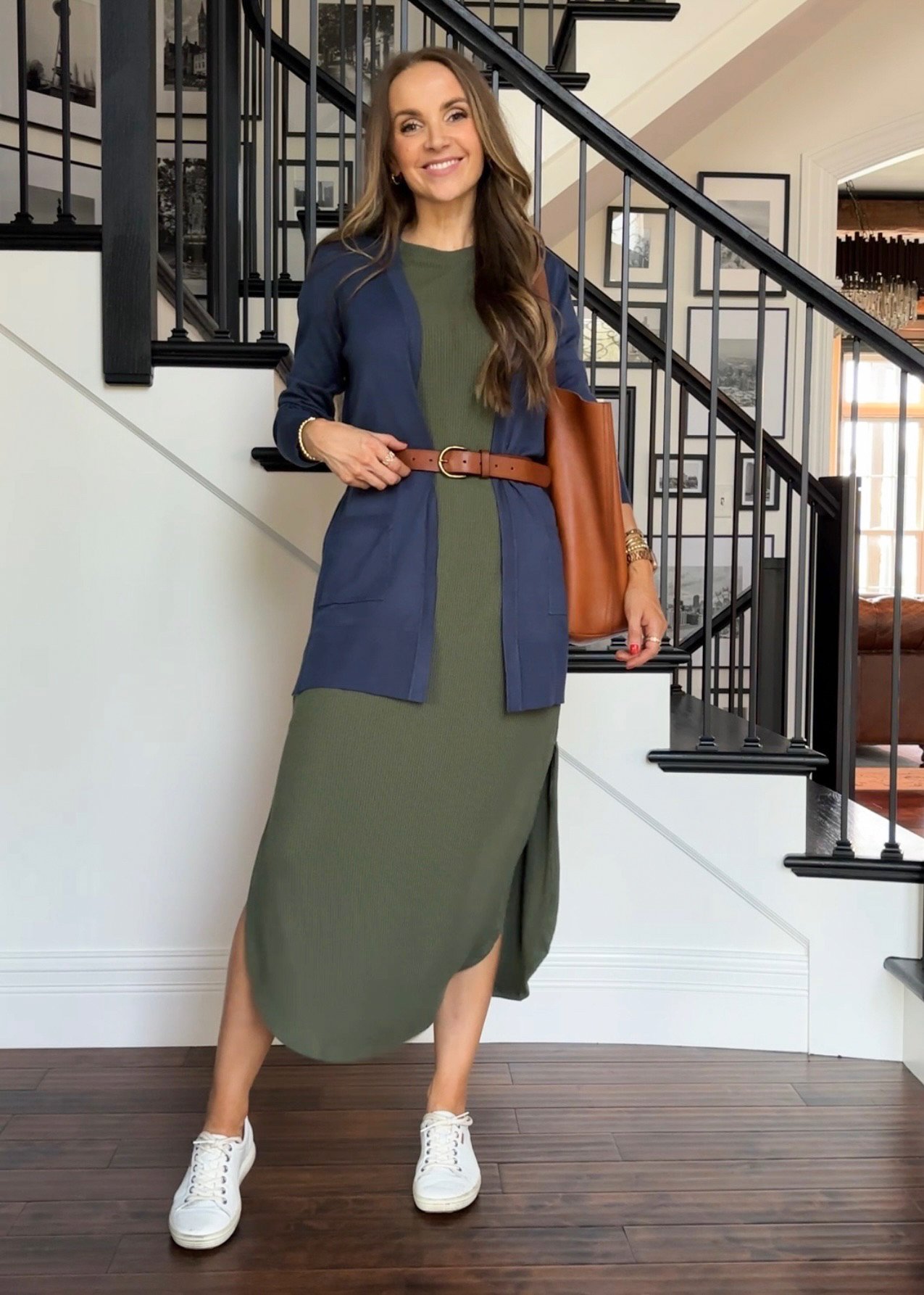 Blue Cardigan, Green Dress, Brown Belt, White Sneakers, Teacher Outfit Idea