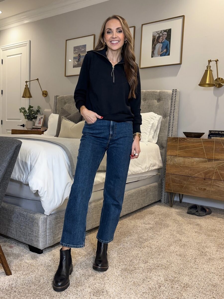 Outfits with air essentials separates - Spanx half zip pullover, everlane way high jean, chelsea boots