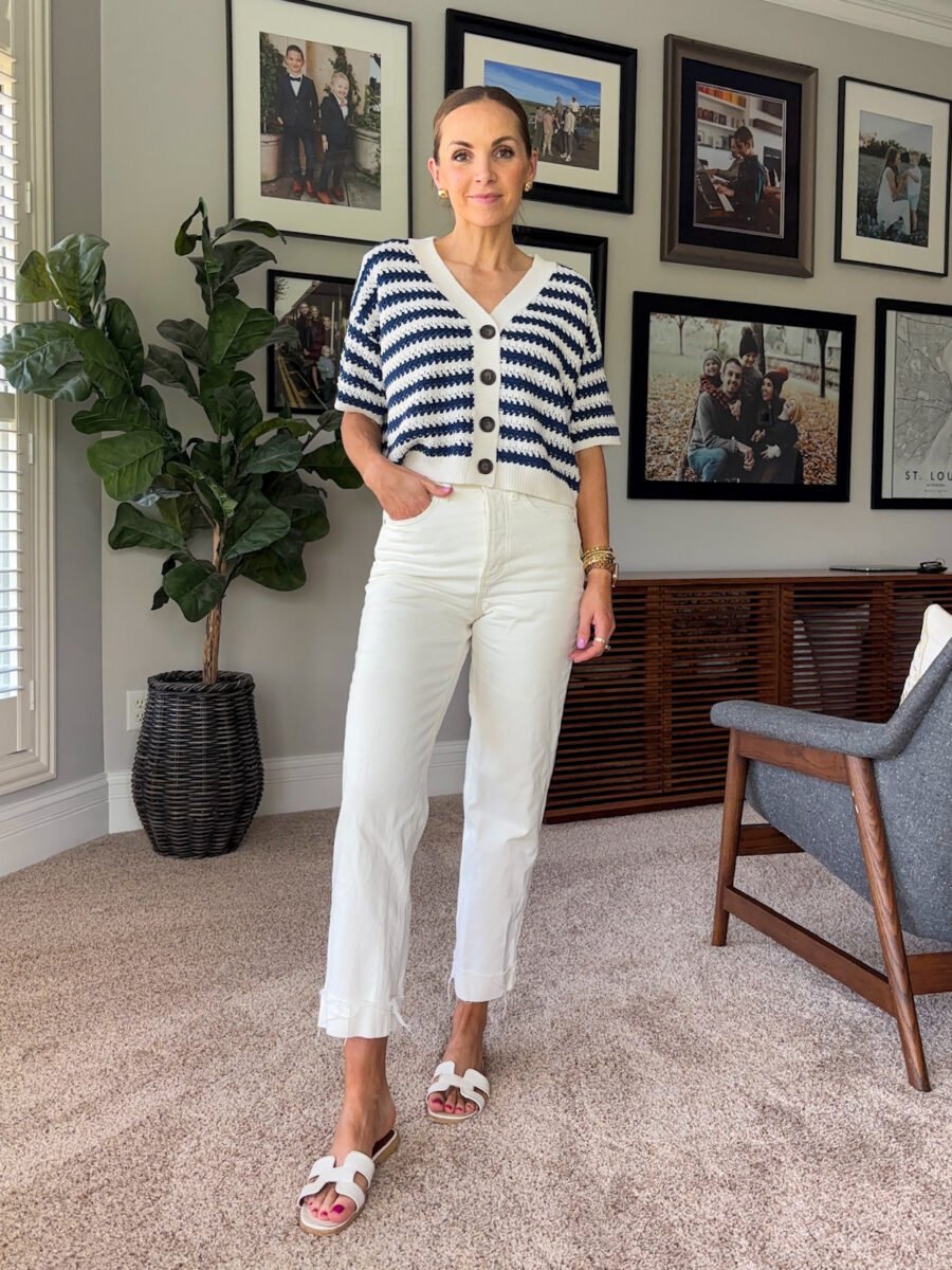 Target white jeans, target white and navy button down sweater