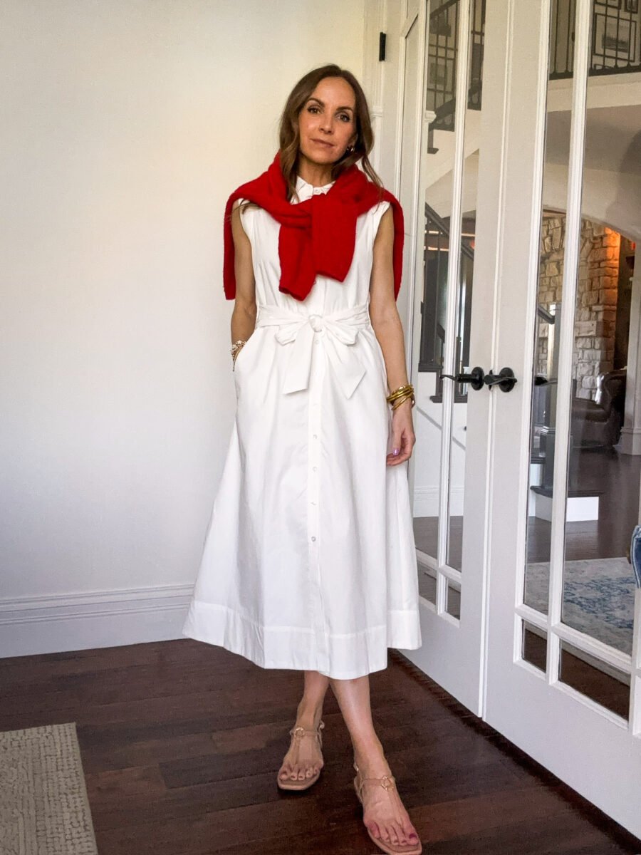 Evereve white dress, Evereve sandals, red sweater