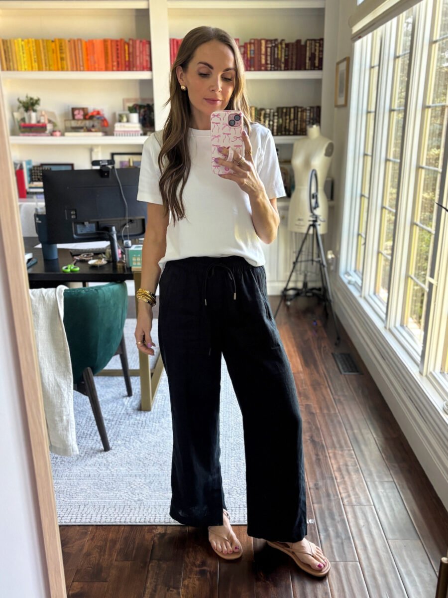 athleta linen pants, aritzia white tee shirt, reef sandals