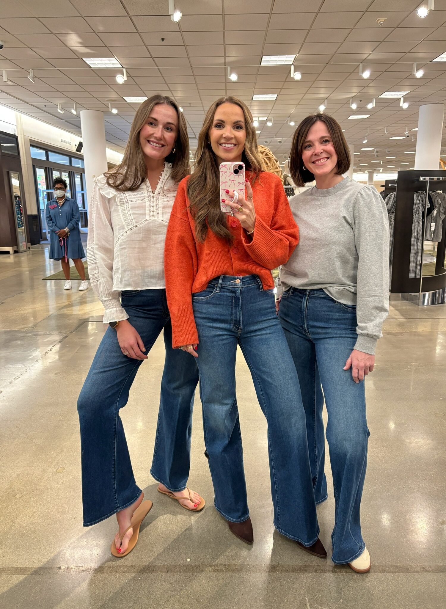 Nordstrom Anniversary Sale - Mother Hustler Jeans, All Saints white blouse, open edit cardigan, Caslon puff sleeve sweatshirt