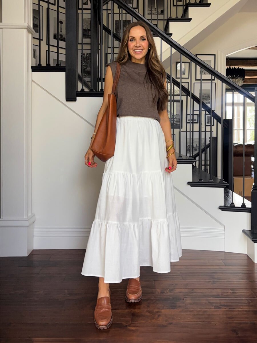 Teacher outfits - Amazon sweater vest, Amazon white skirt, madewell lugsole loafers, madewell tote bag