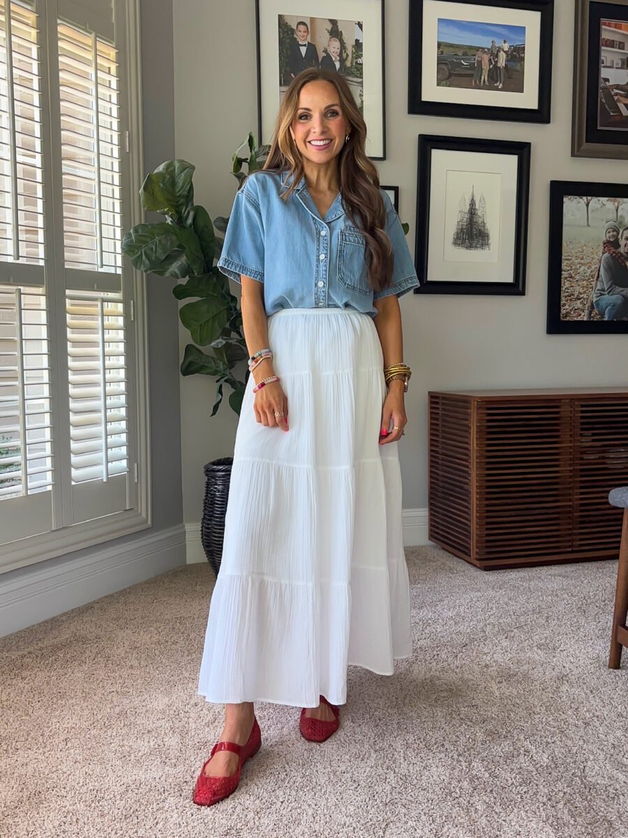 Target teacher outfits - Target White skirt, Target denim top, Sam Edelman jellies
