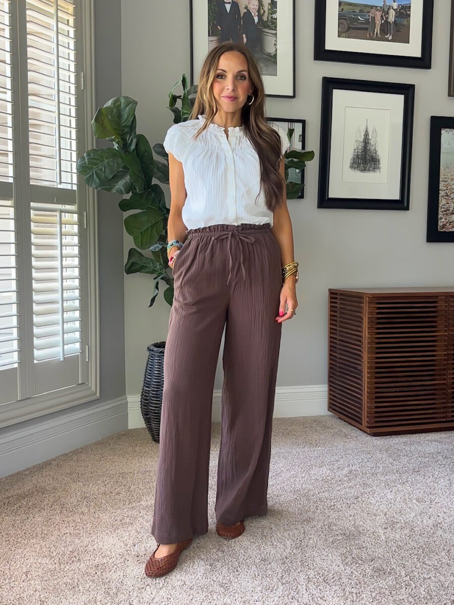 Target teacher outfits - Target brown gauzy pants, target white smocked Puff Sleeve shirt, target Woven flats