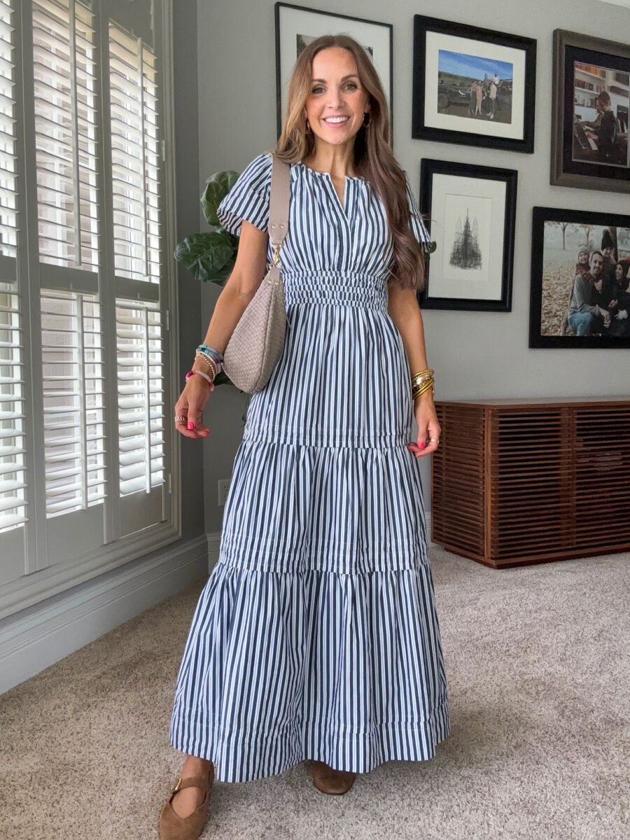 Quince dress, quince handbag, madewell flats